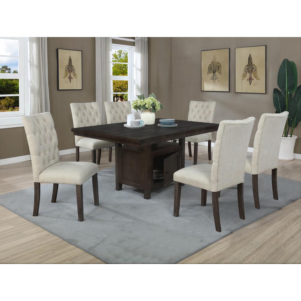 7pc Dining Set w/Uph Chairs Tufted & Table w/Storage, Beige. Picture 1