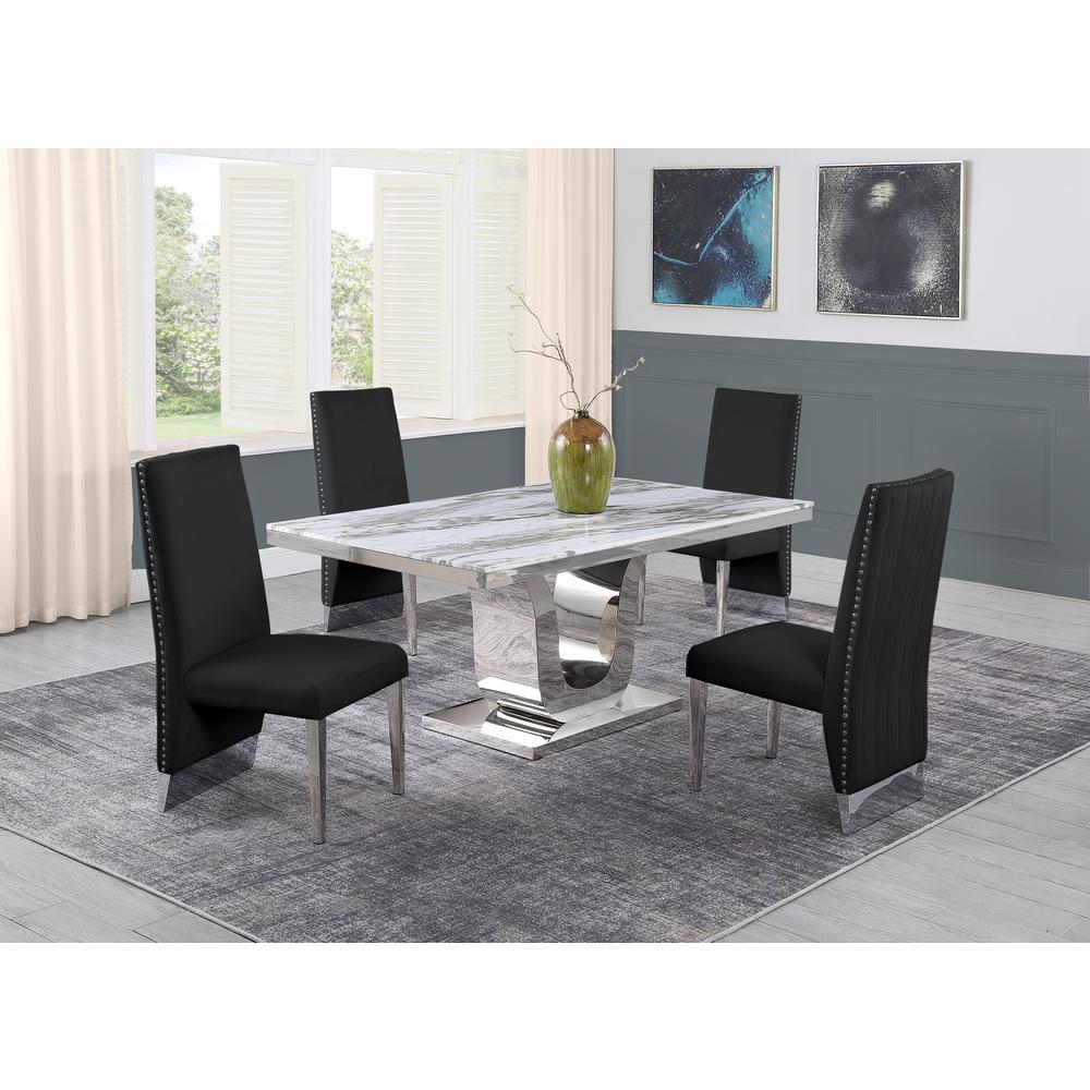 White Marble 5pc Set Pleated Chairs in Black Velvet. Picture 1