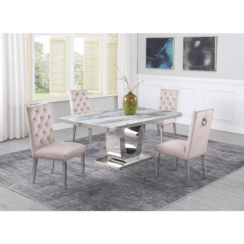 White Marble 5pc Set Ring Chairs in Beige Velvet. Picture 1