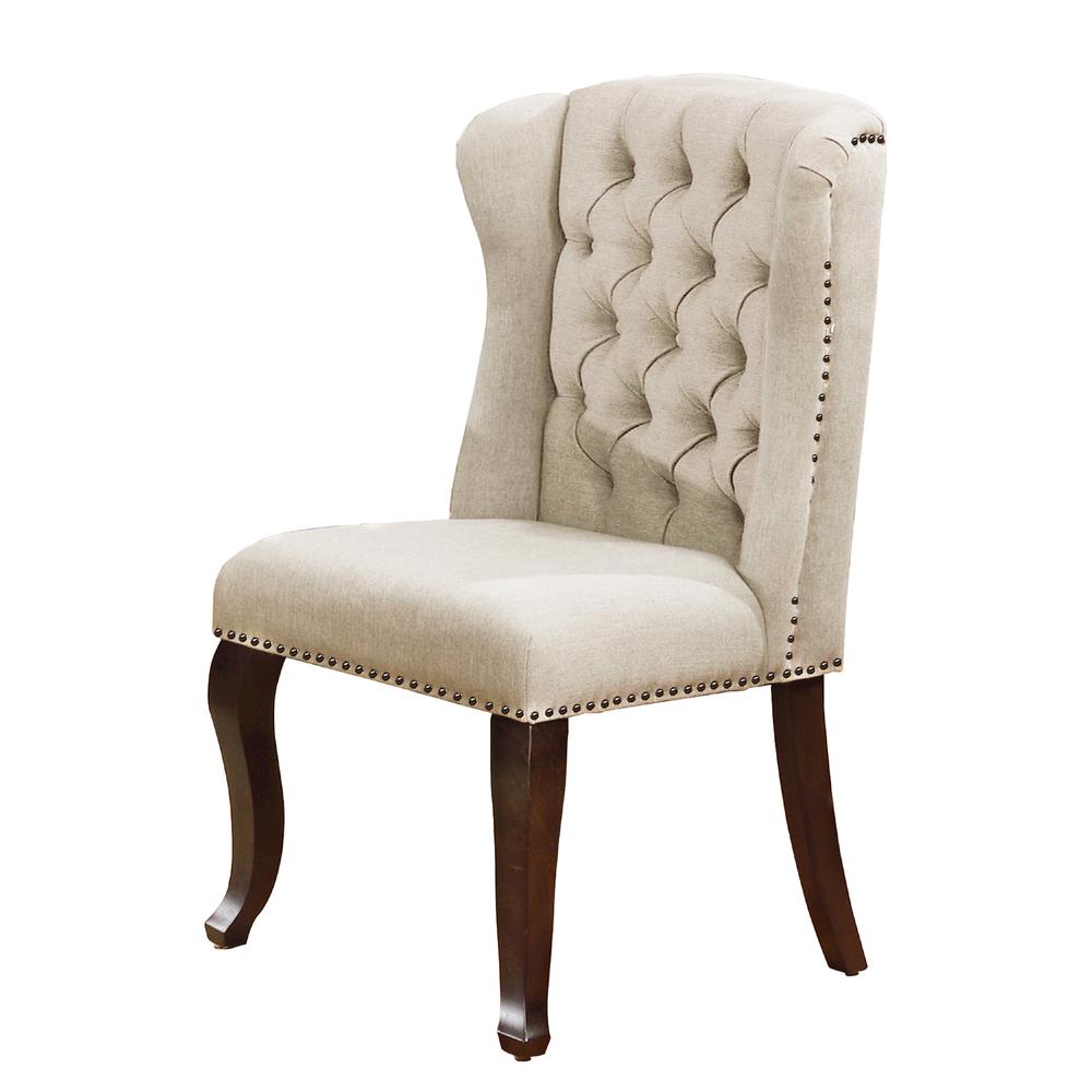 Classic Upholstered Wingback Chairs Tufted in Linen Fabric w/Nailhead Trim **Single Chair**, Beige. Picture 1