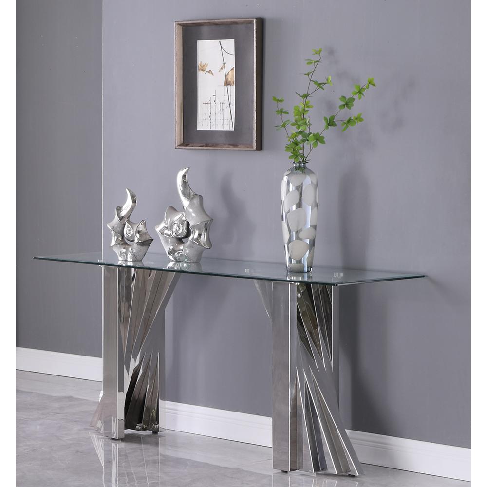 Glass Console Table with Stainless Steel Double Base. Picture 2
