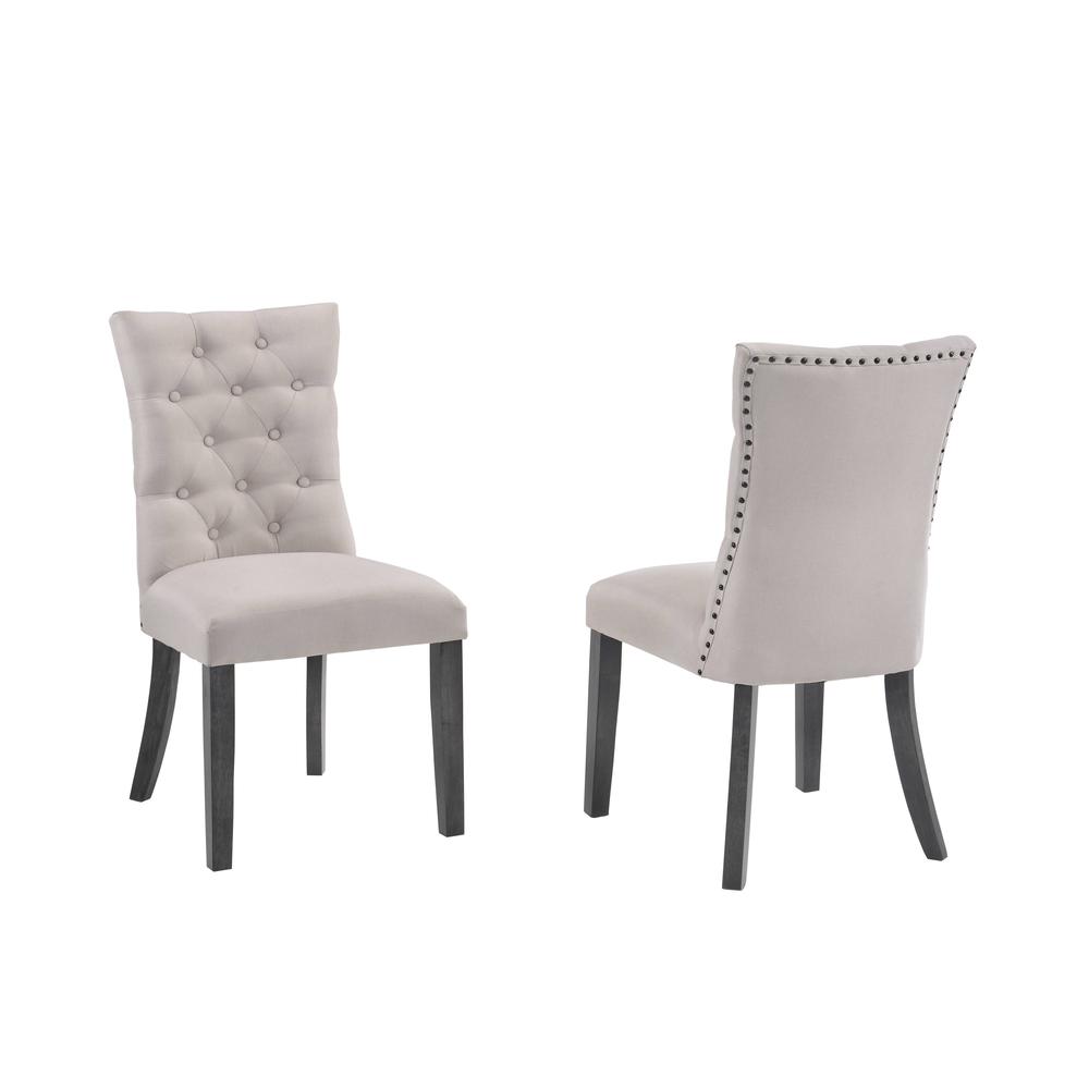 Classic 6pc Dining Set with Weathered Gray Dining Table, Uph Bench & Side Chairs Tufted & Nailhead Trim, Beige. Picture 5