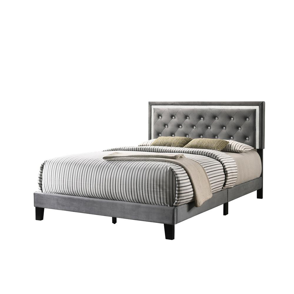 Dark Grey Velvet Uph. Panel Bed with Accents - Full. Picture 3