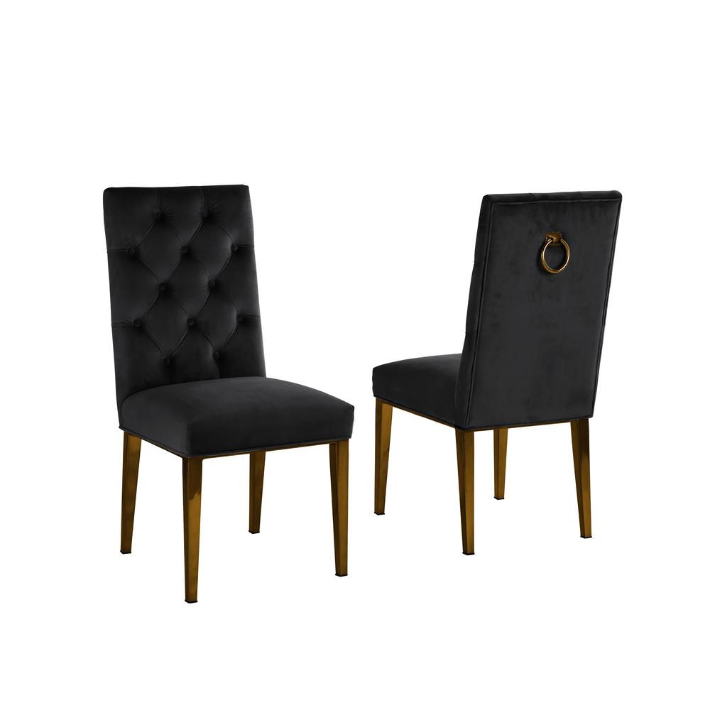 Gold Tempered Glass 7 Piece Dining Set Ring Chairs in Dark Gray Velvet. Picture 2