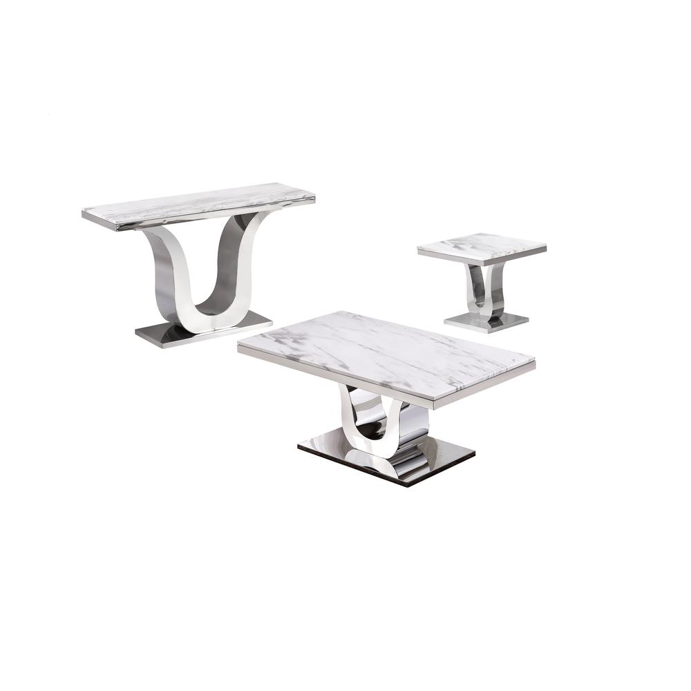 White Marble Coffee Table Set: Coffee Table, End Table, Console Table w/Stainless Steel U-Base. Picture 1