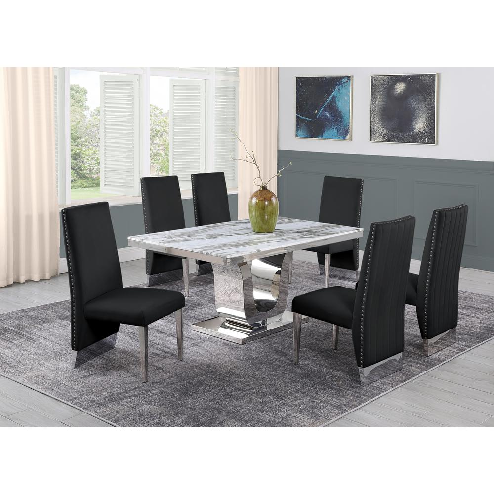White Marble 7pc Set Pleated Chairs in Black Velvet. Picture 1