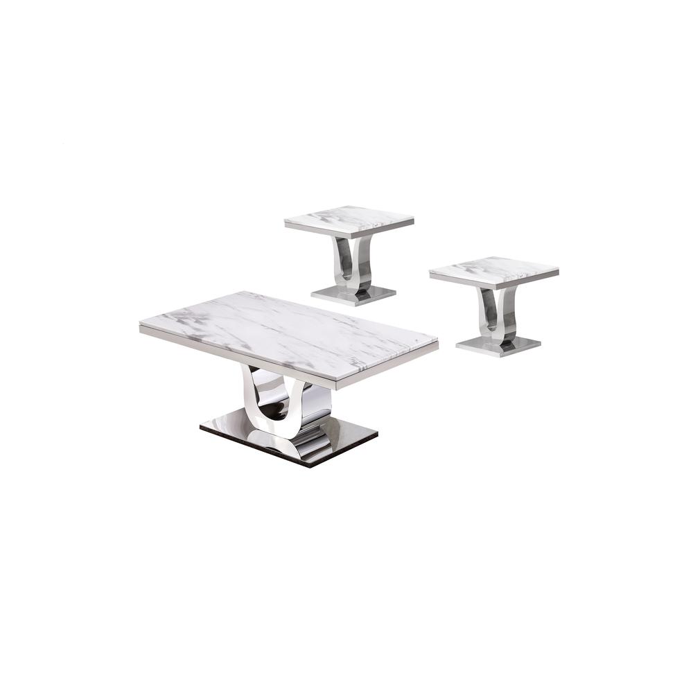 White Marble Coffee Table Set: Coffee Table, 2 End Tables w/Stainless Steel U-Base. Picture 2