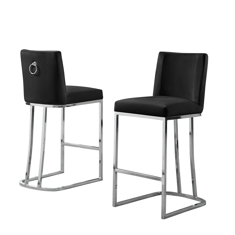 24" Velvet Counter Stool, Black, Chrome Base (Set of 2). Picture 1