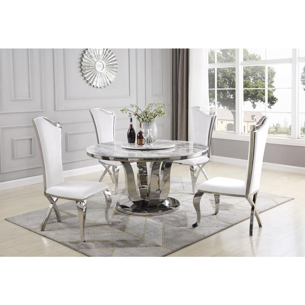 White Lazy-Susan Dining Set, Round Marble Table with White Faux Leather Chairs. Picture 1
