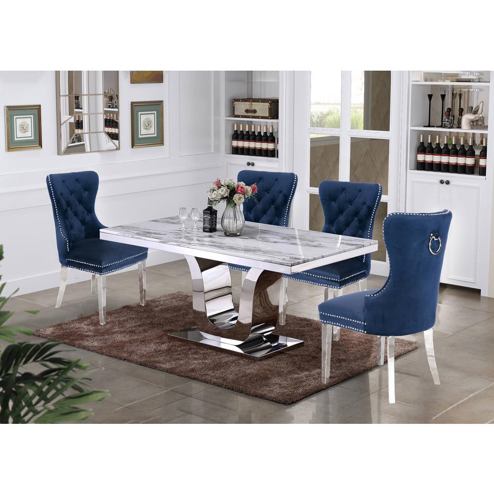 White Marble 5pc Set Tufted Wingback Chairs in Navy Blue Velvet. Picture 1