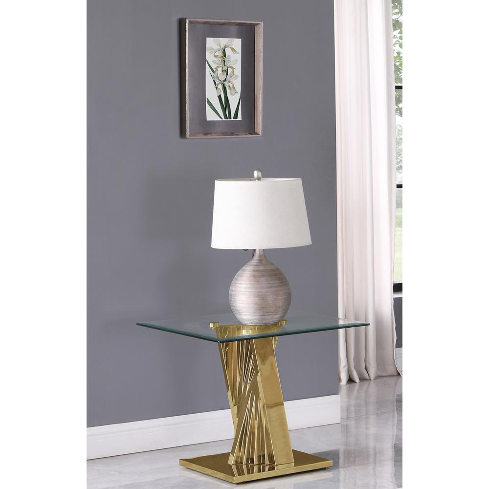 Glass End Table with Stainless Steel Gold Base. Picture 2