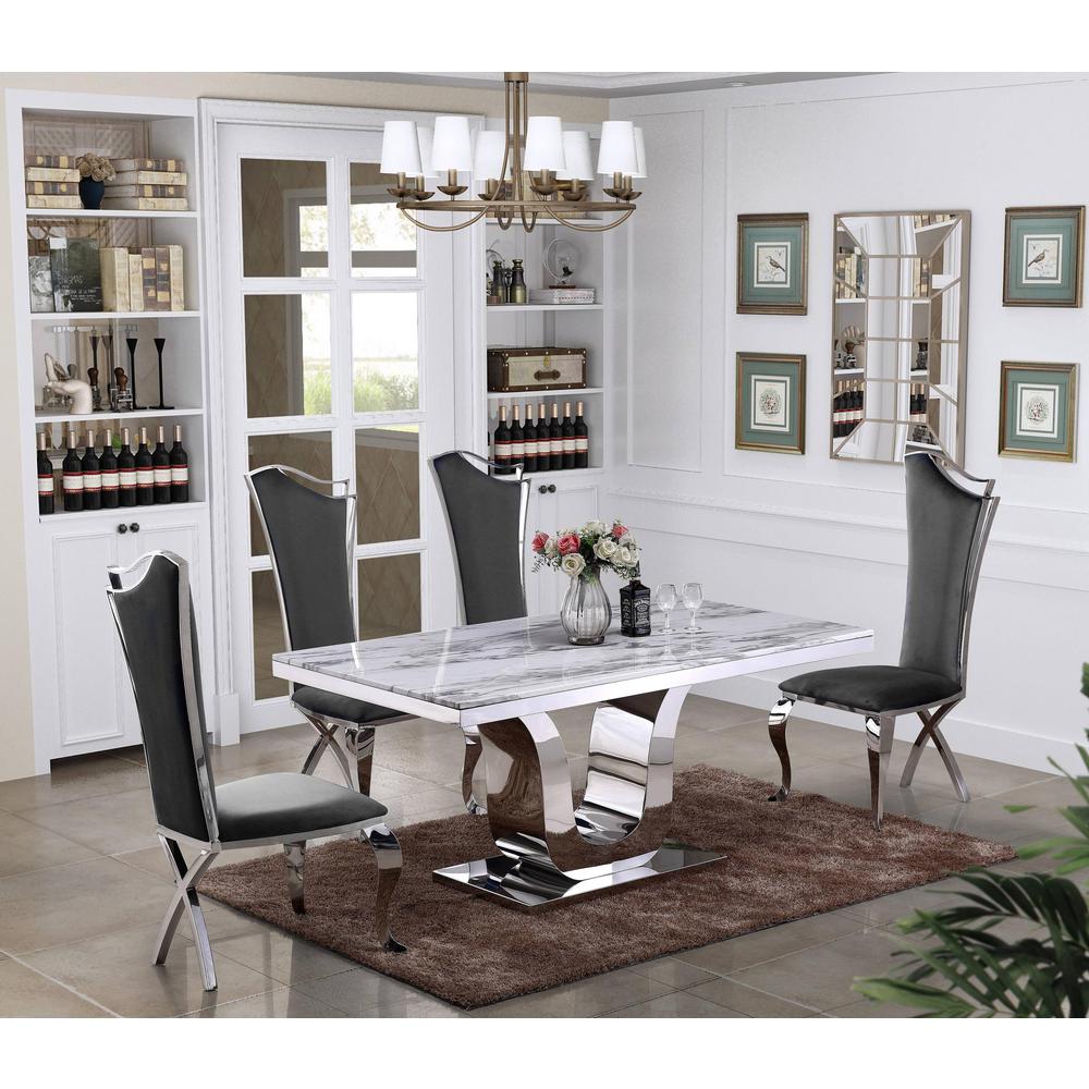 White Marble 5pc Set Non-Tufted Stainless Steel Chairs in Dark Grey Velvet. Picture 1