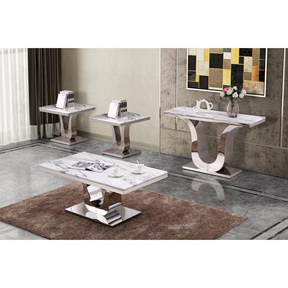White Marble Coffee Table Set: Coffee Table, 2 End Tables, Console Table w/Stainless Steel U-Base. Picture 2