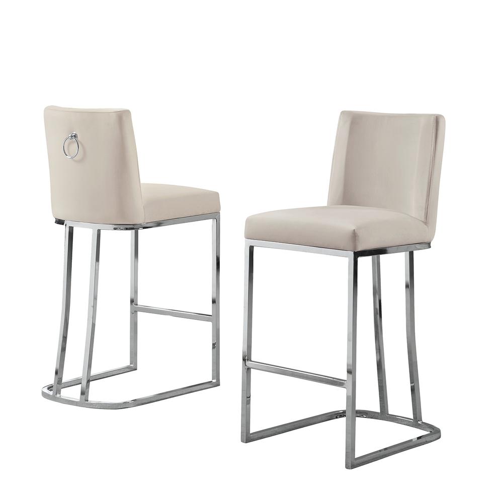 24" Velvet Counter Stool, Beige, Chrome Base (Set of 2). Picture 1
