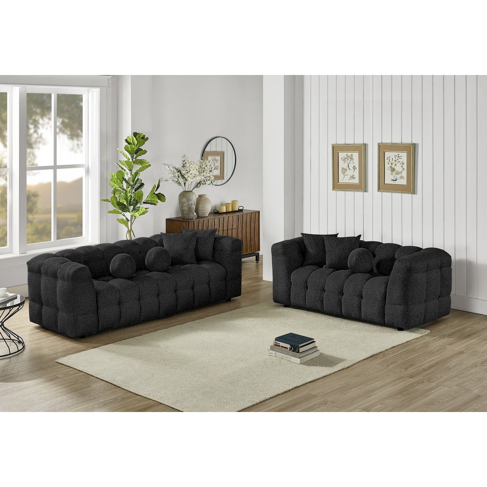 Boucle Fabric Black 2pc Sofa and Loveseat Set. Picture 3