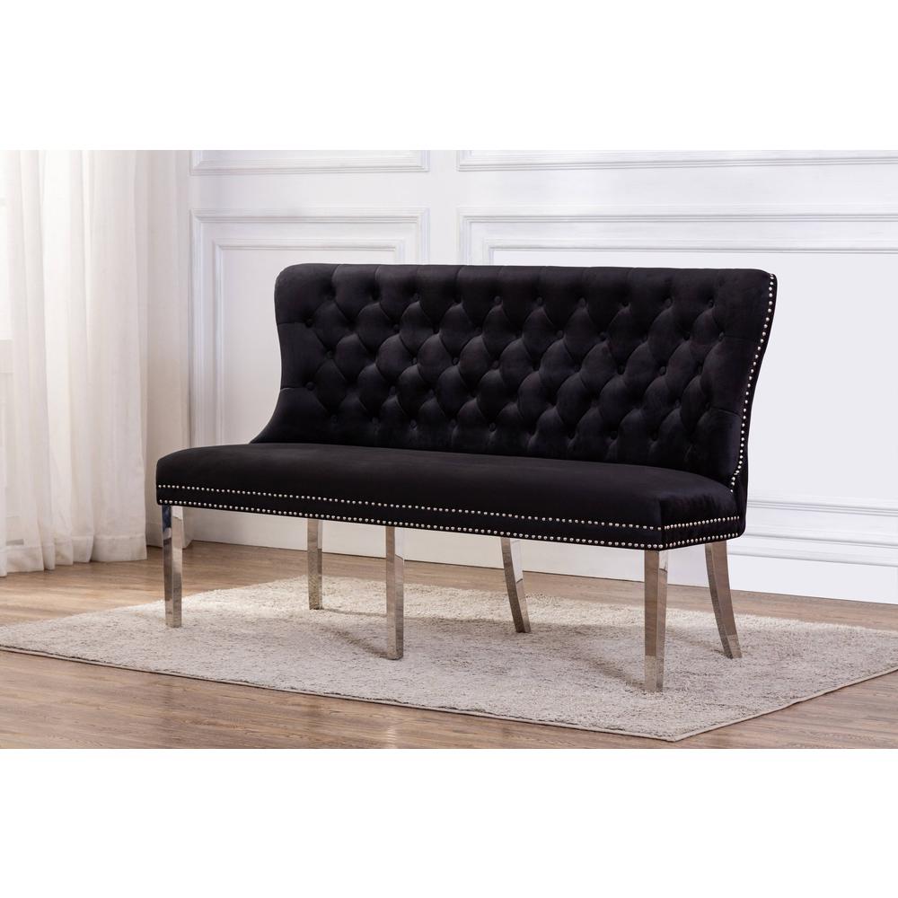 Bench with Tufted Buttons, Double Nailhead Trim, and Stainless Steel Legs. Picture 2