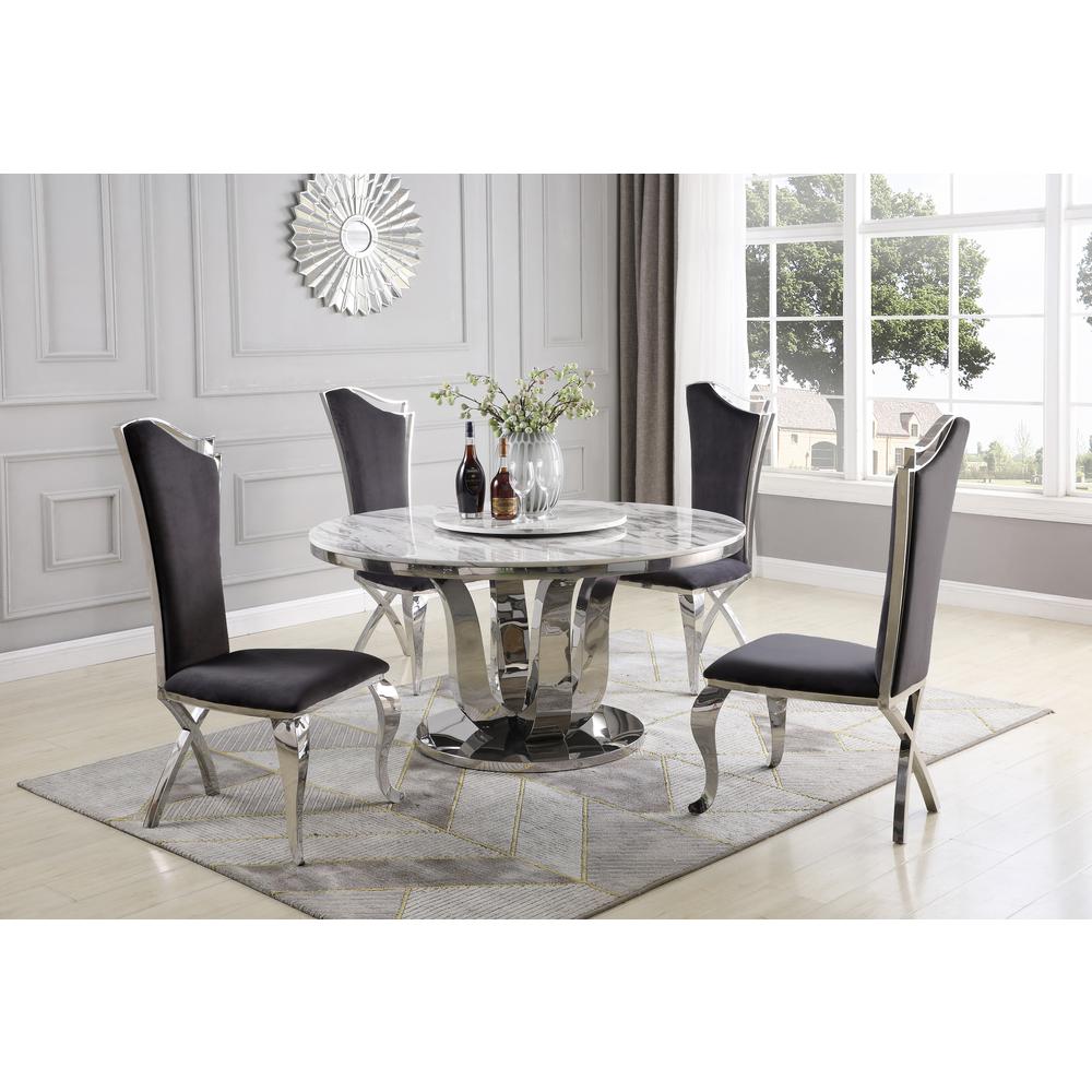 White Lazy-Susan Dining Set, Round Marble Table with Dark Grey Velvet Chairs. Picture 1