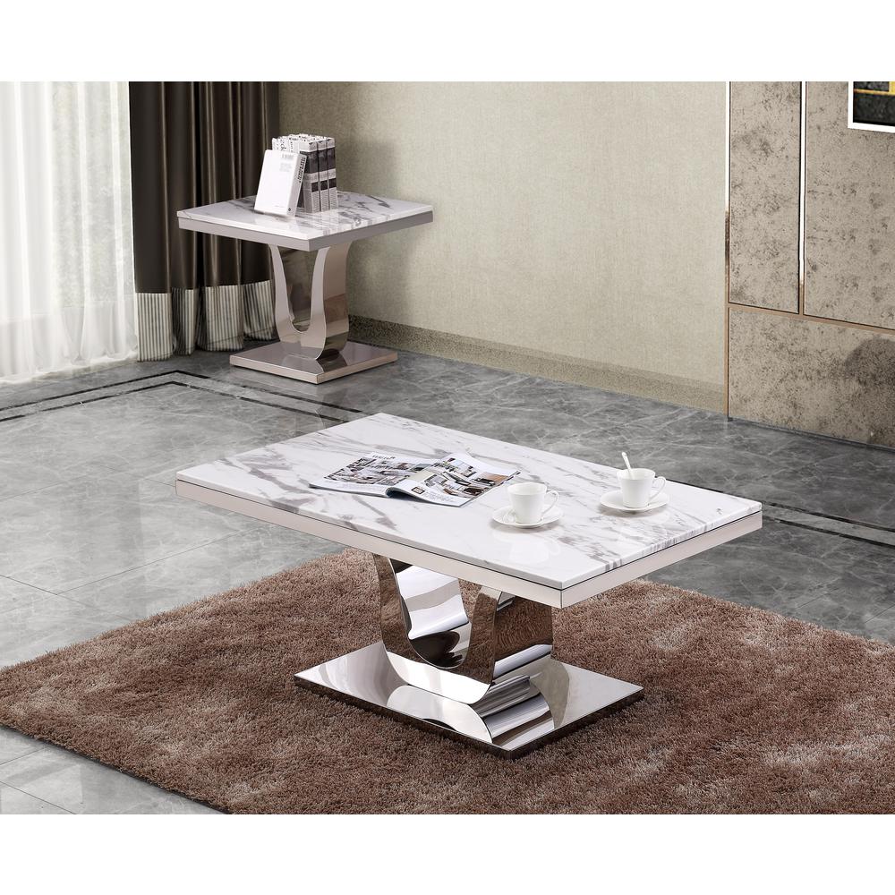 White Marble Coffee Table Set: Coffee Table, End Table w/Stainless Steel U-Base. Picture 2
