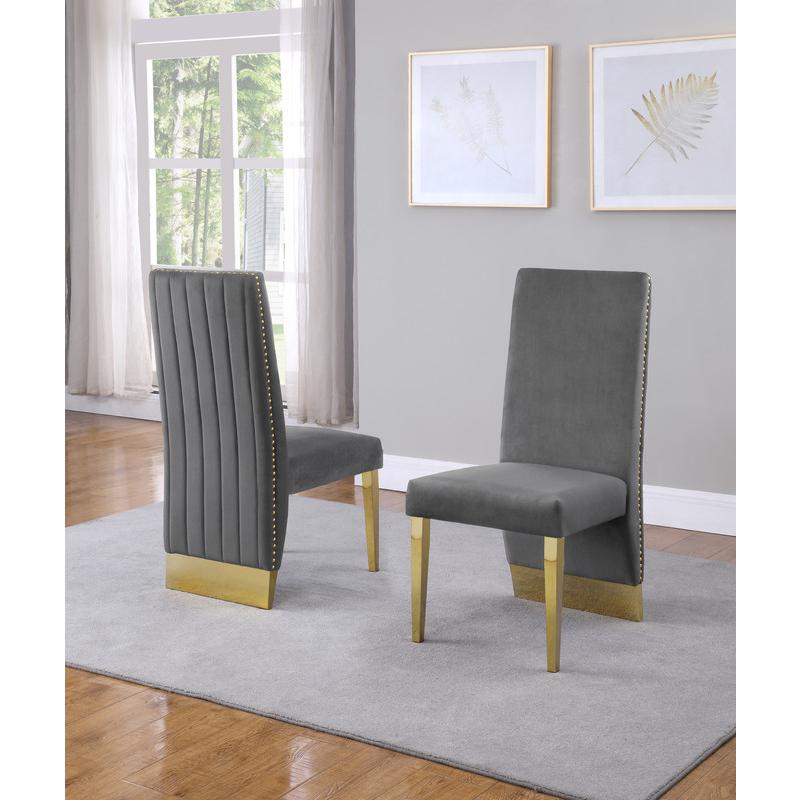 Classic 7 Piece Dining Set With Glass Table Top and Stainless Steel Legs w/Pleated Chairs, Dark Grey. Picture 3