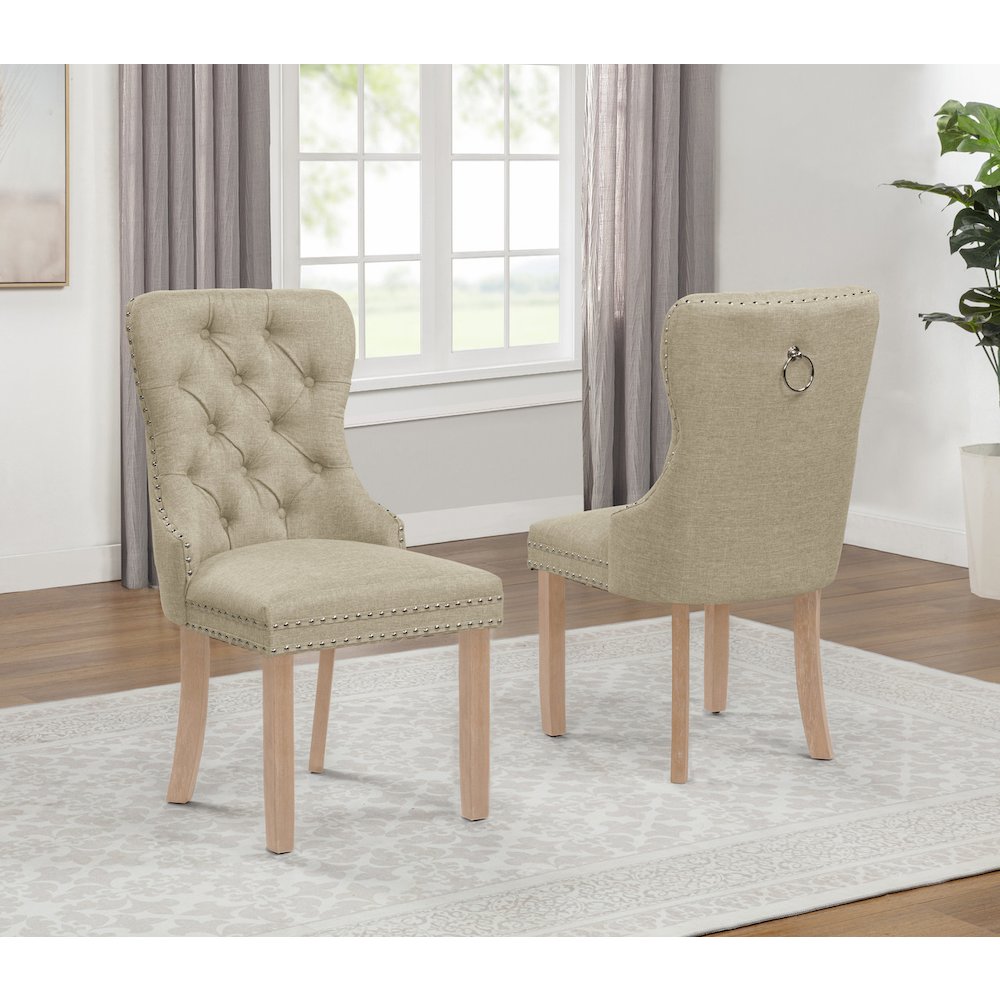 2pc Beige Button Tufted Wing Back Chairs. Picture 2
