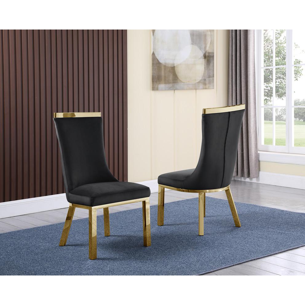 9pc dining set- Recatngle Glass table with gold color base and Black velvet chairs. Picture 2