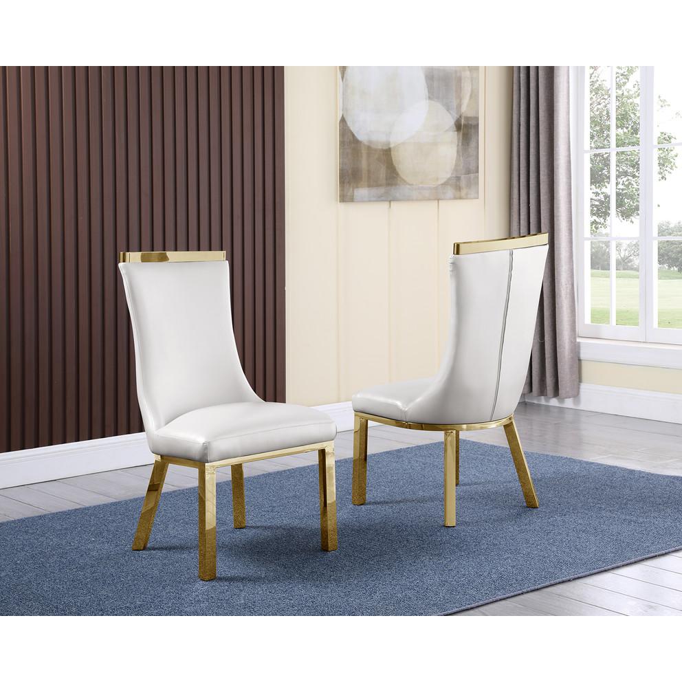 9pc dining set- Recatngle Glass table with gold color base and White faux leather chairs. Picture 2