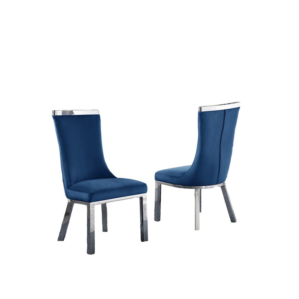 9pc dining set- Recatngle Glass table with silver color base and Navy Blue velvet chairs. Picture 2