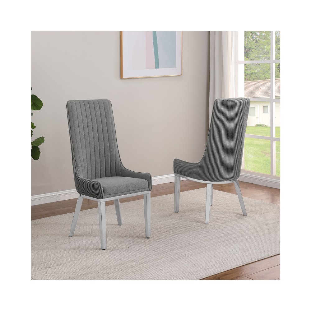 Dark Gray, Teddy Fabric, Pleated Back Side Chair With Silver Base, Set Of Two. Picture 4