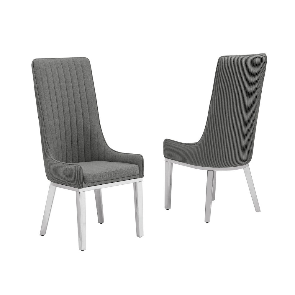 Dark Gray, Teddy Fabric, Pleated Back Side Chair With Silver Base, Set Of Two. Picture 1