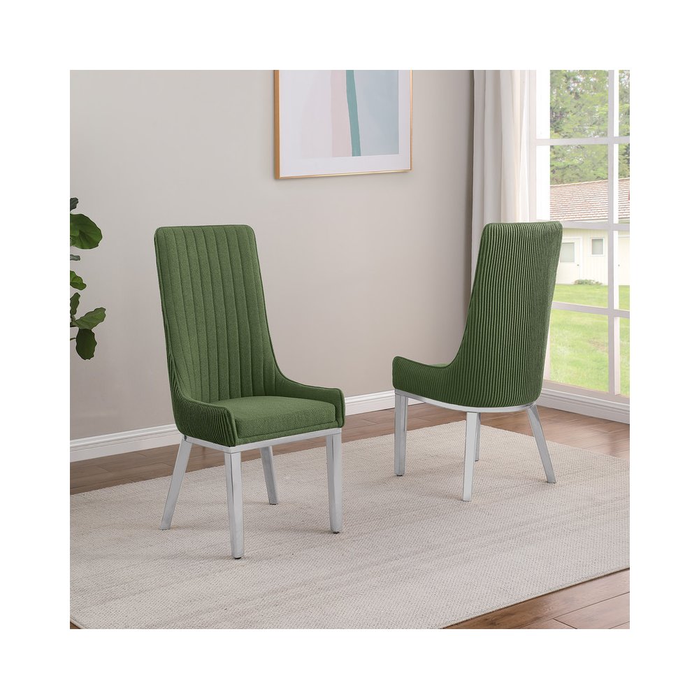 Green, Teddy Fabric, Pleated Back Side Chair With Silver Base, Set Of Two. Picture 4