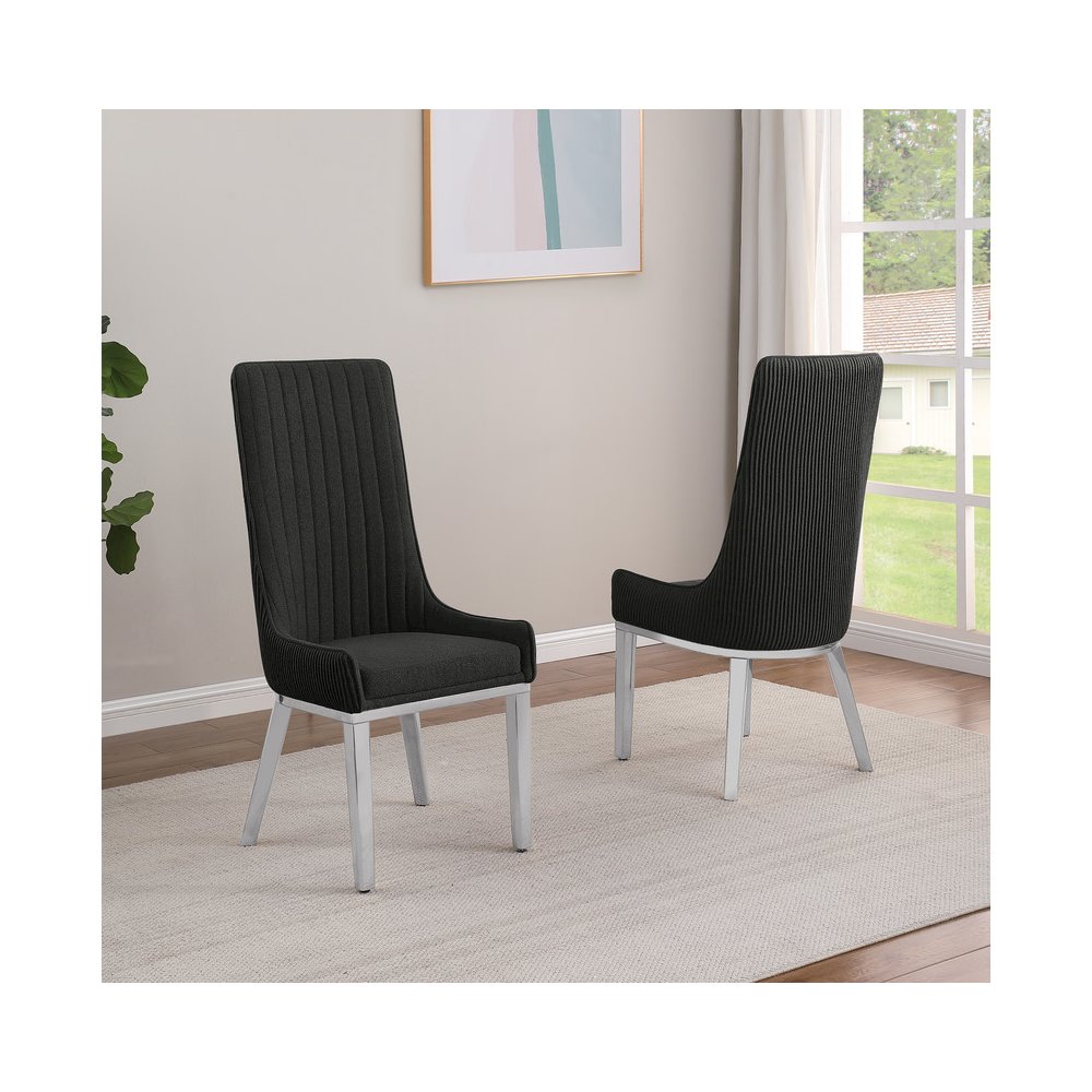 Black, Teddy Fabric, Pleated Back Side Chair With Silver Base, Set Of Two. Picture 4