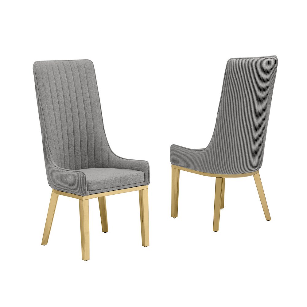Dark Gray, Teddy Fabric, Pleated Back Side Chair With Gold Base, Set Of Two. Picture 1