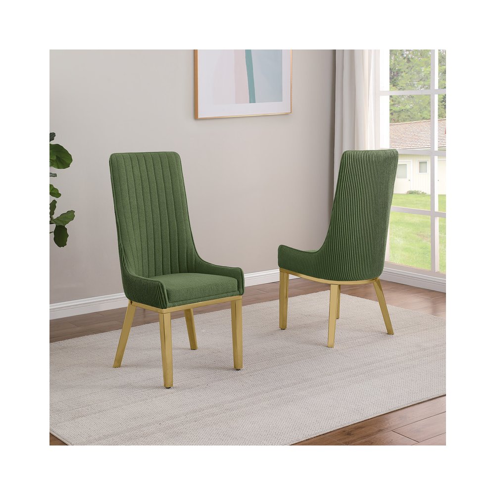 Green, Teddy Fabric, Pleated Back Side Chair With Gold Base, Set Of Two. Picture 4