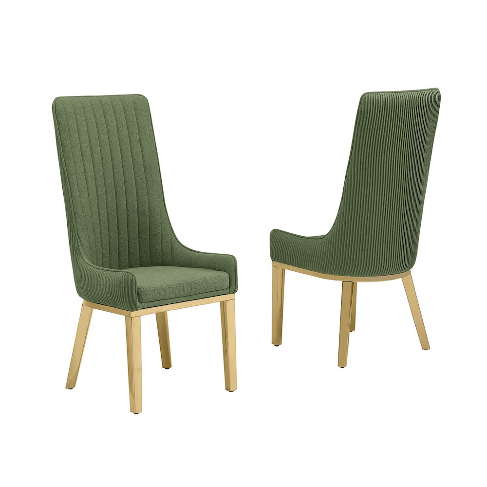 Green, Teddy Fabric, Pleated Back Side Chair With Gold Base, Set Of Two. Picture 1