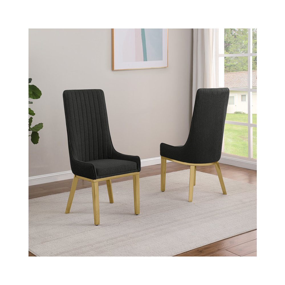 Black, Teddy Fabric, Pleated Back Side Chair With Gold Base, Set Of Two. Picture 4