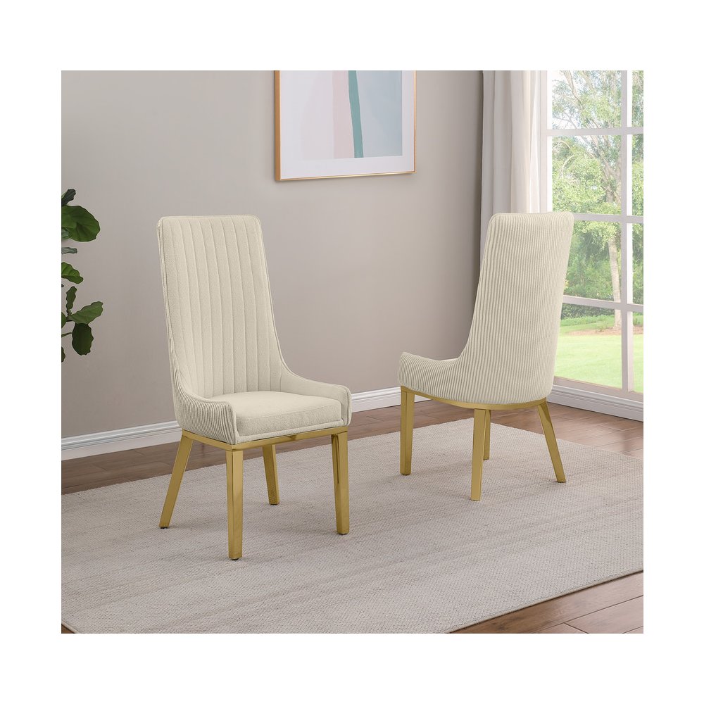 Cream, Teddy Fabric, Pleated Back Side Chair With Gold Base, Set Of Two. Picture 4