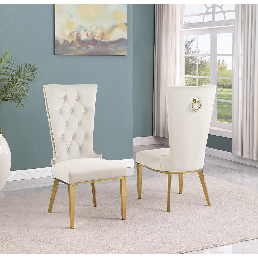 7-piece glam dining set with 6 cream  chairs and a 95" long glass  table. Picture 2