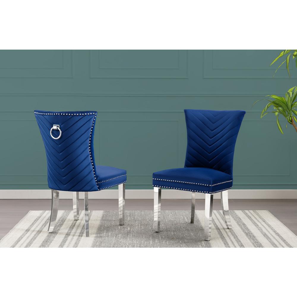 Navy blue velvet side chairs with silver base (SET OF 2). Picture 2