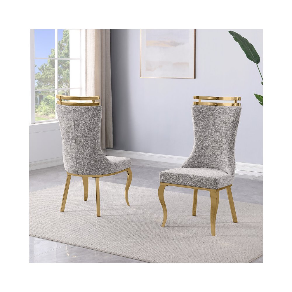 2pc Boucle Fabric Gold Chrome Side Chairs. Picture 2