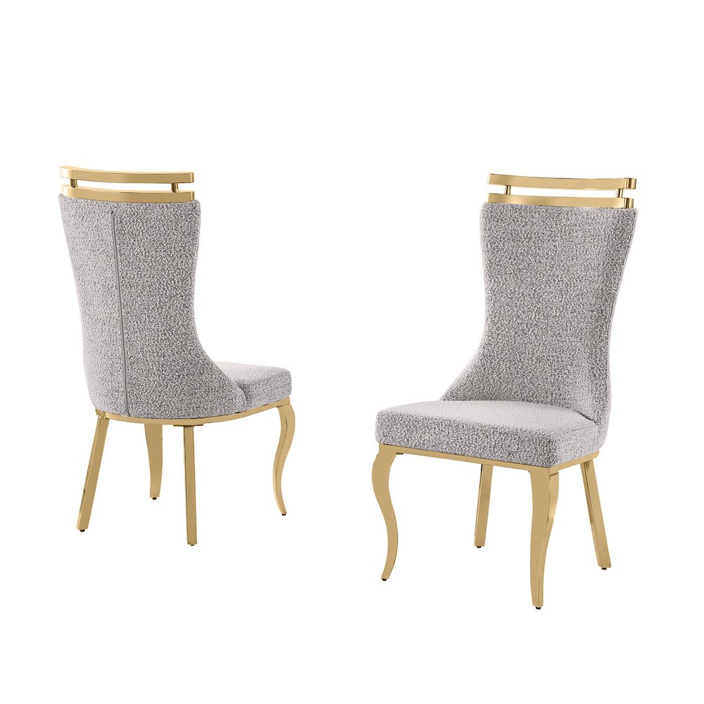 2pc Boucle Fabric Gold Chrome Side Chairs. Picture 1