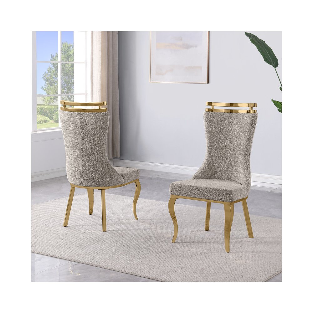 2pc Boucle Fabric Gold Chrome Side Chairs. Picture 2