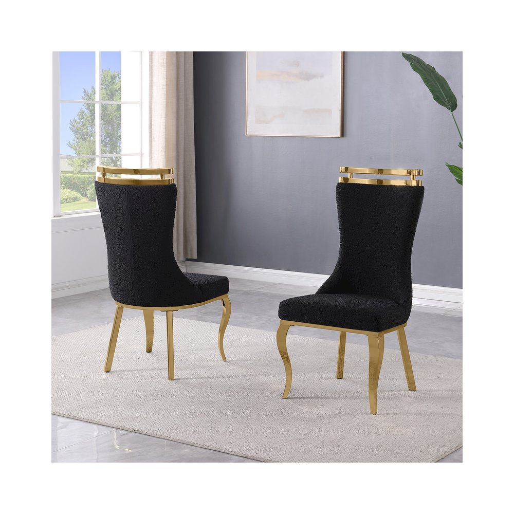 2pc Boucle Fabric Gold Chrome Side Chairs. Picture 2