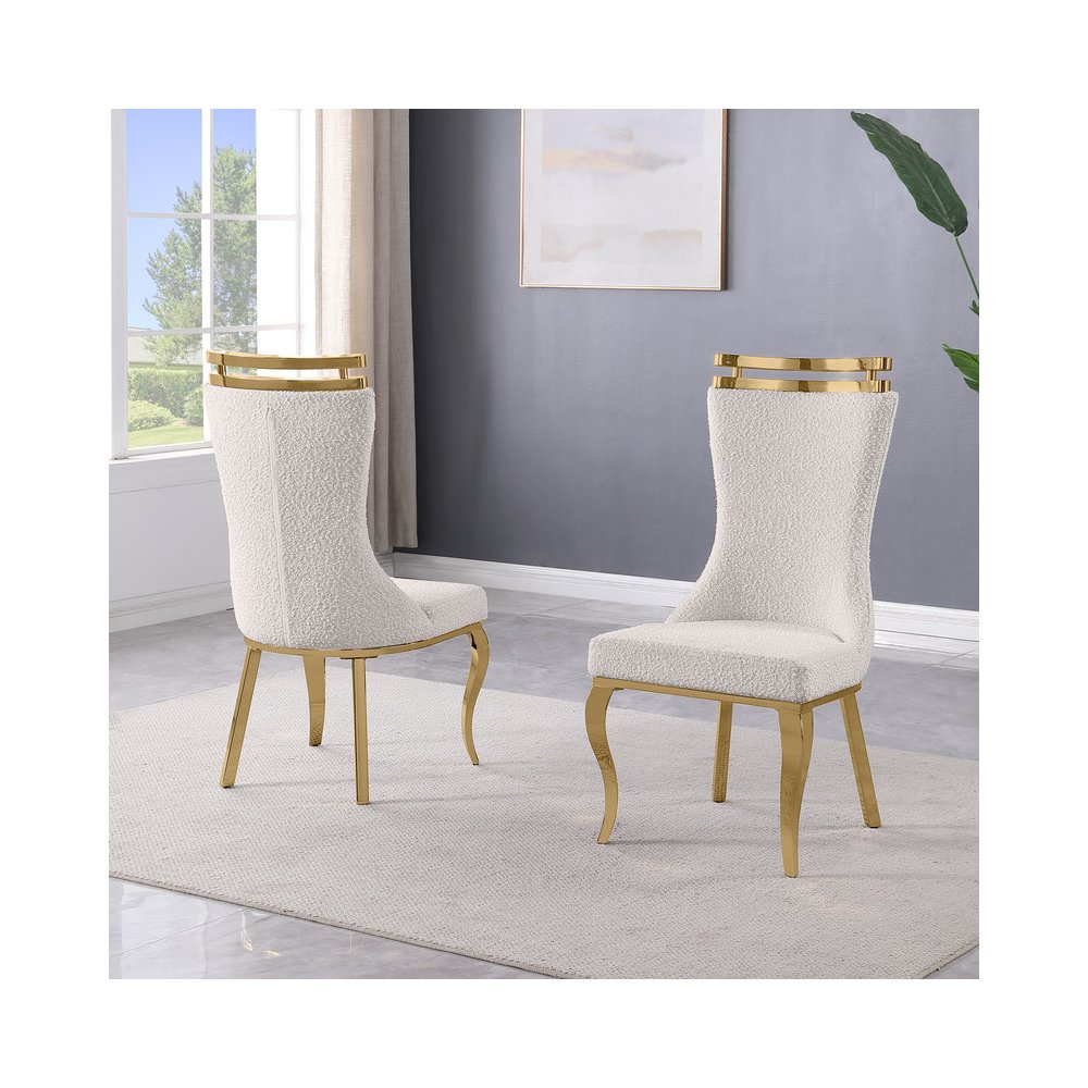 2pc Boucle Fabric Gold Chrome Side Chairs. Picture 2