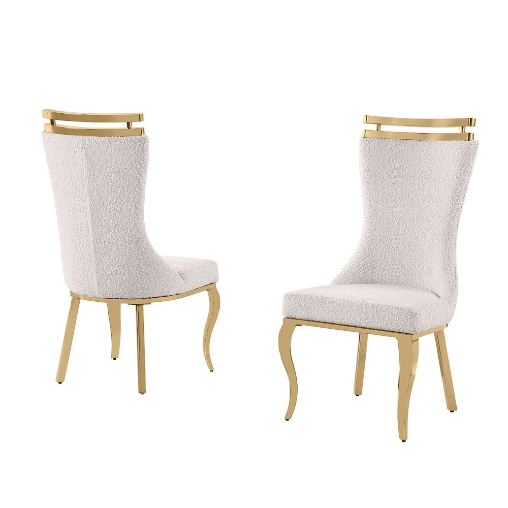 2pc Boucle Fabric Gold Chrome Side Chairs. Picture 1