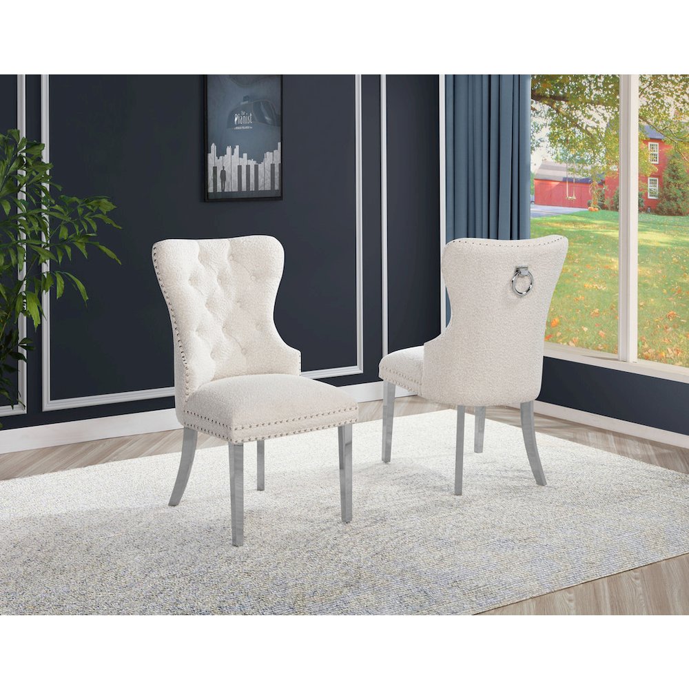 Cream Boucle Fabric And Silver Base Side Chairs (Set Of 2). Picture 4