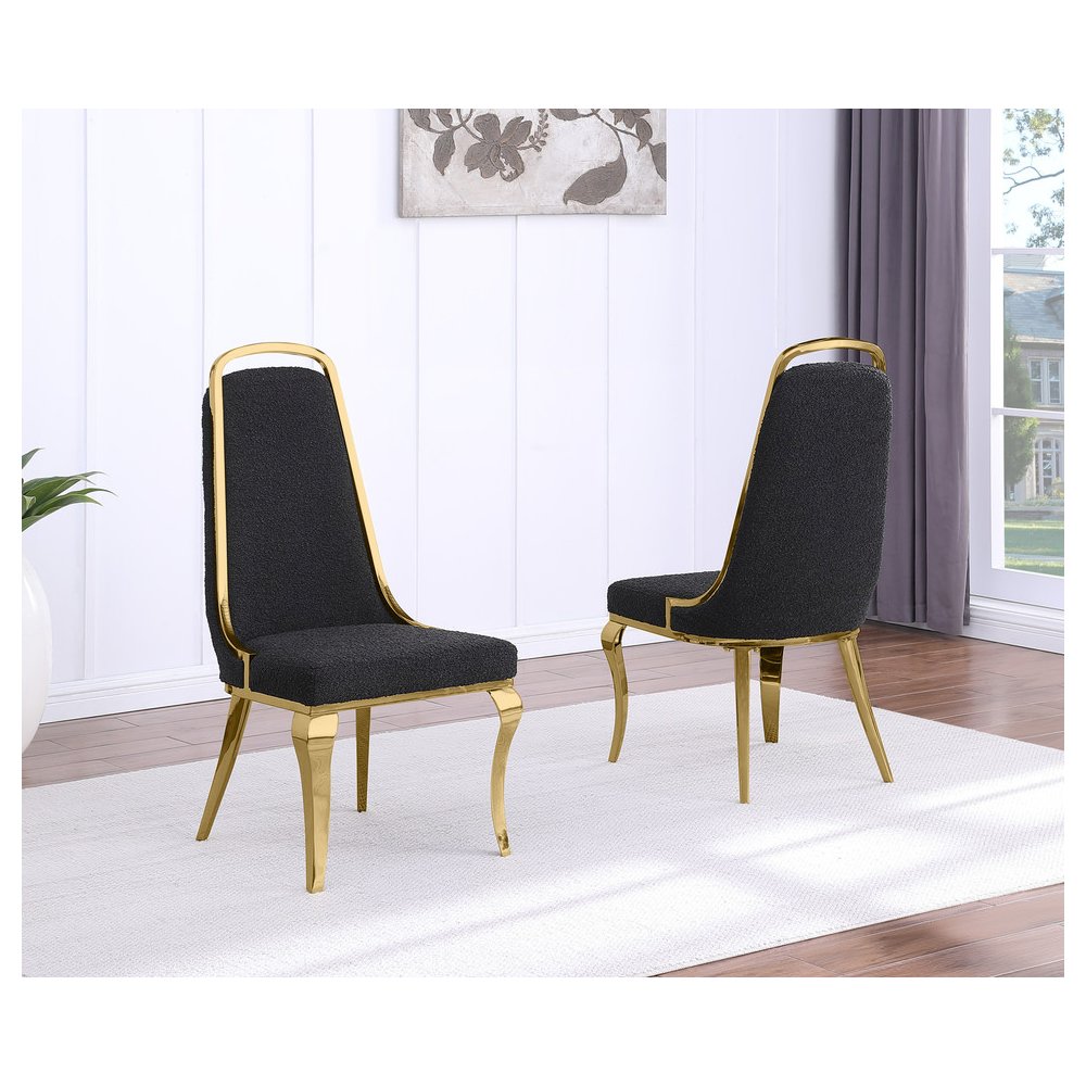 9Pc Tampered Glass Dining Set With 8 Black Boucle Side Chairs And A Gold Base. Picture 5