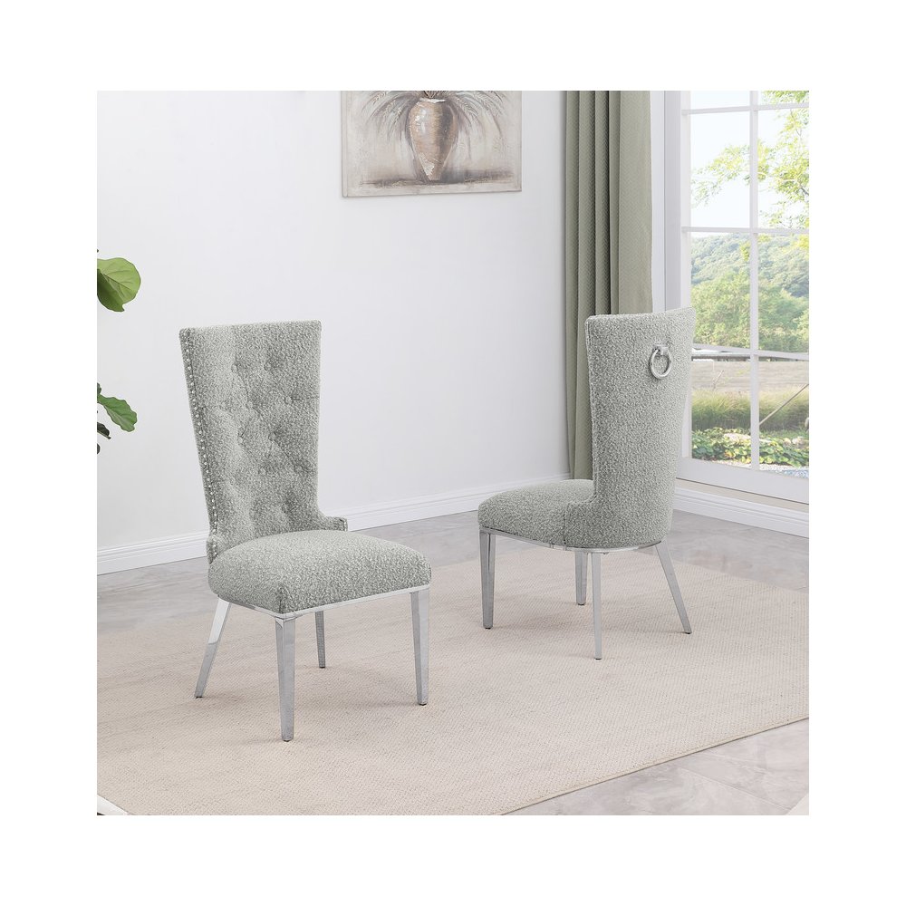 Rich Gray Boucle Fabric With Silver Chrome Base Glam Dining Chairs (Set Of 2). Picture 2