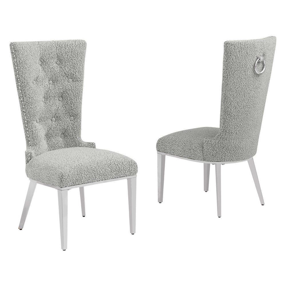 Rich Gray Boucle Fabric With Silver Chrome Base Glam Dining Chairs (Set Of 2). Picture 1