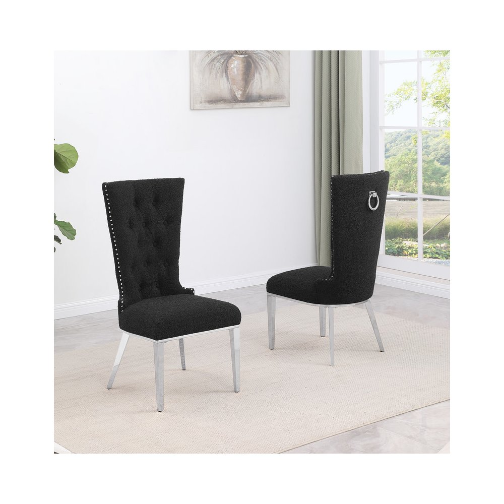 Black Boucle Fabric With Silver Chrome Base Glam Dining Chairs (Set Of 2). Picture 2
