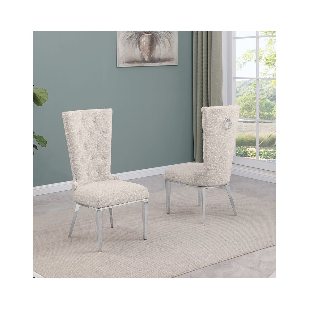 Cream Boucle Fabric With Silver Chrome Base Glam Dining Chairs (Set Of 2). Picture 2